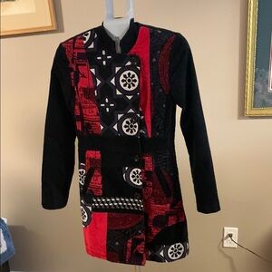 Desigual Women's Black and Red Blazer with Asian-Inspired Design Size Small